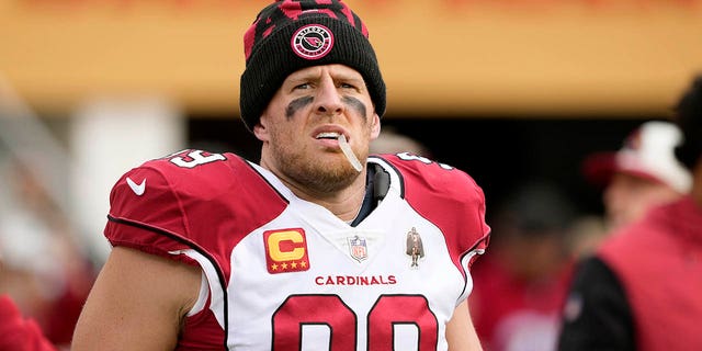 J.J. Watt, #99 of the Arizona Cardinals, looks on during player introduction prior to the start of the game against the San Francisco 49ers at Levi's Stadium on Jan. 8, 2023 in Santa Clara, California.