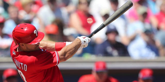 Philadelphia Phillies Catcher J.T. Realmuto (10) at bat during the spring training game between the Philadelphia Phillies and the Detroit Tigers on March 23, 2023 at BayCare Ballpark in Clearwater, Florida.