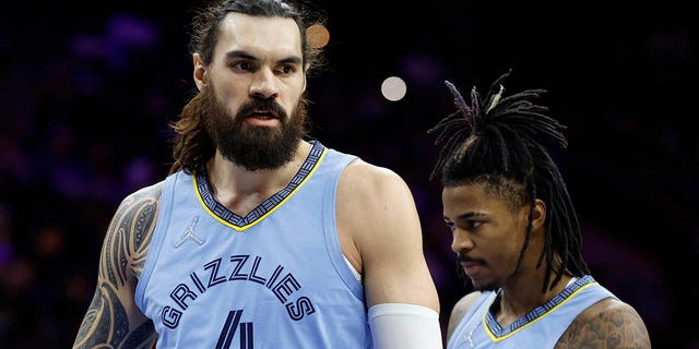 Steven Adams #4 looks on against the Philadelphia 76ers at Wells Fargo Center on January 31, 2022 in Philadelphia, Pennsylvania.