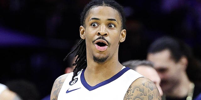 Ja Morant of the Memphis Grizzlies reacts during the 76ers game at Wells Fargo Center on Feb. 23, 2023, in Philadelphia.