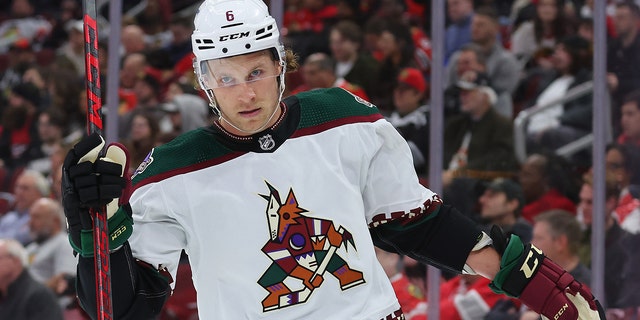 Jakob Chychrun of the Arizona Coyotes against the Chicago Blackhawks during the first period at United Center Feb. 10, 2023, in Chicago.