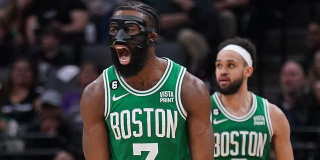 Boston Celtics guard Jaylen Brown reacts in the fourth quarter of the game against the Sacramento Kings at the Golden 1 Center in Sacramento, California, on Tuesday.