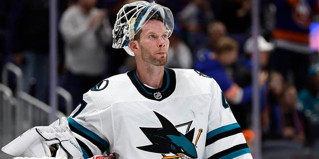 FILE - San Jose Sharks goaltender James Reimer (47) reacts after giving up a goal against the New York Islanders in the second period of an NHL hockey game Tuesday, Oct. 18, 2022, in Elmont, N.Y. 