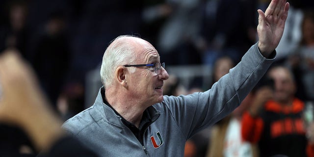 Head coach Jim Larranaga of the Miami Hurricanes reacts after defeating the Indiana Hoosiers during the second round of the NCAA Men's Basketball Tournament at MVP Arena on March 19, 2023, in Albany, New York. Miami defeated Indiana 85-69.