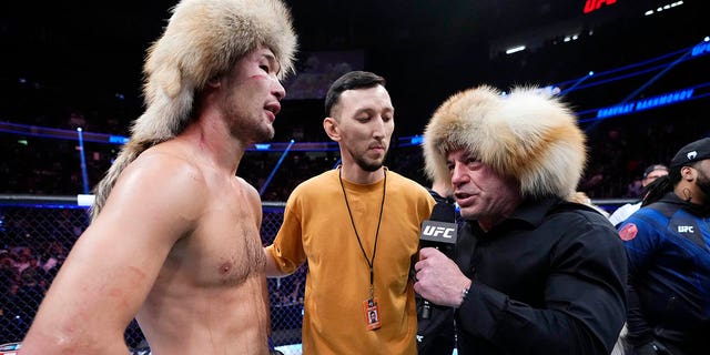 Shavkat Rakhmonov of Uzbekistan talks to Joe Rogan in a welterweight fight during the UFC 285 event at T-Mobile Arena on March 4, 2023 in Las Vegas.