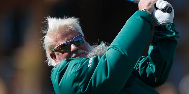 John Daly tees off during the Hoag Classic at Newport Beach Country Club on March 17, 2023, in Newport Beach, California.