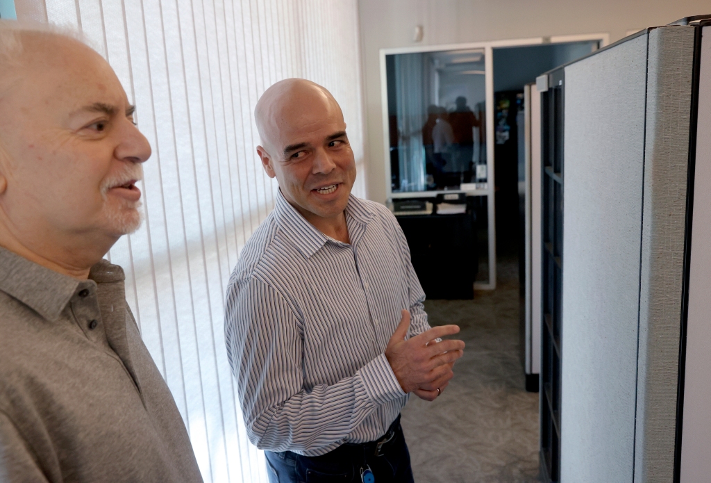 Then-Clark County Public Administrator Robert Telles, right, talks to Las Vegas Review-Journal reporter Jeff German in his Las Vegas office, on May 11, 2022.