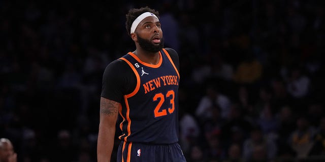 Mitchell Robinson of the New York Knicks looks on during a game against the New Orleans Pelicans at Madison Square Garden in New York City on Feb. 25, 2023.