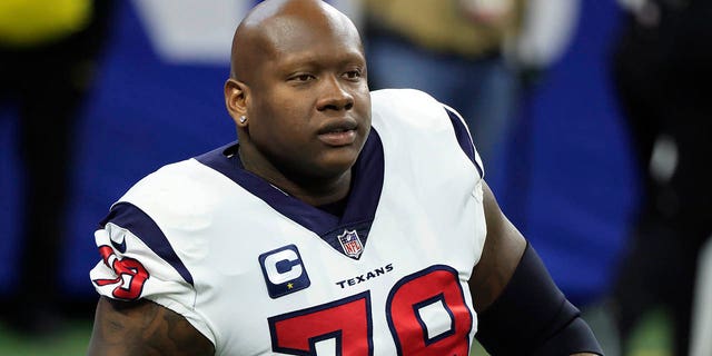 Laremy Tunsil of the Houston Texans warms up before the Colts game at Lucas Oil Stadium on Jan. 8, 2023, in Indianapolis.