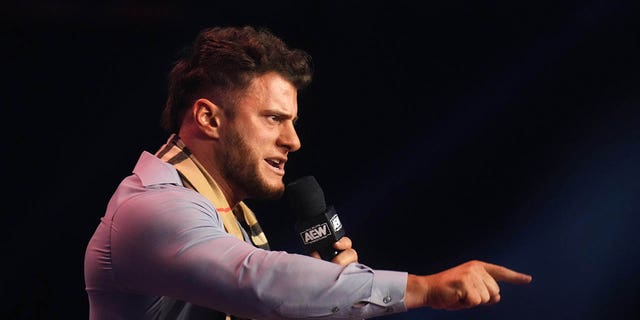 Feb 22, 2023; Phoenix, AZ, USA; AEW Champion Maxwell Jacob Friedman aka MJF  appears during AEW Dynamite at Footprint Center.