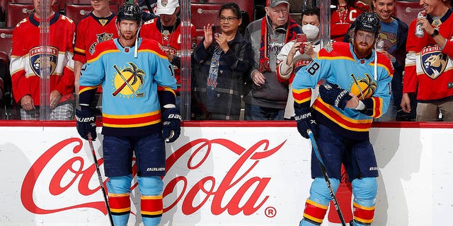 Eric Staal, #12, and brother Marc Staal, #18 of the Florida Panthers, on the ice together during warmups and their game against the New York Rangers at the FLA Live Arena on Jan. 1, 2023 in Sunrise, Florida.