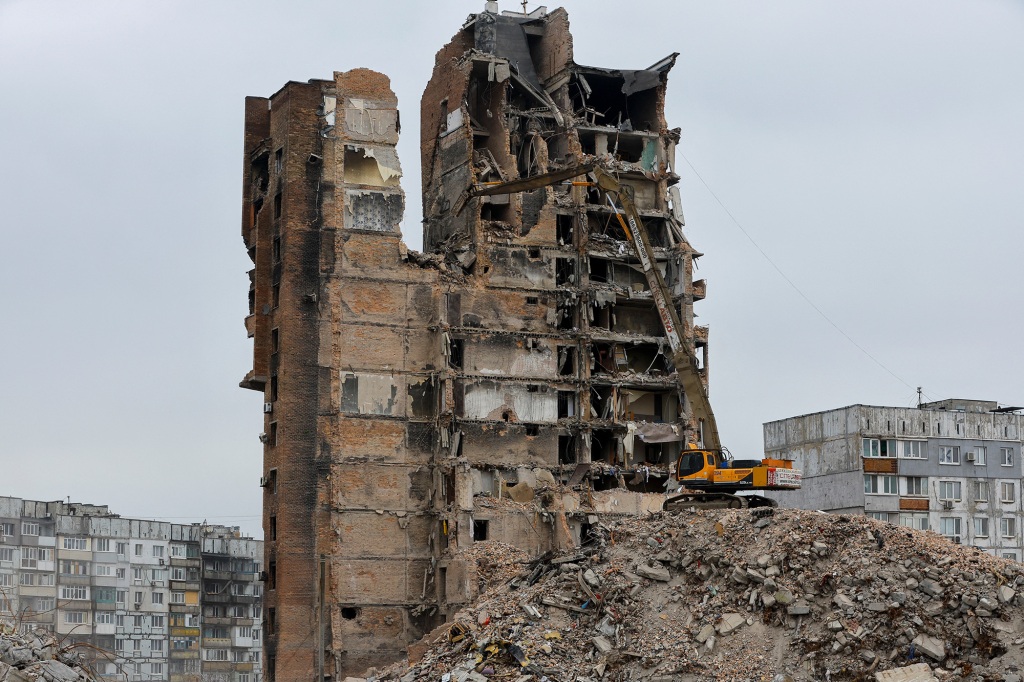 A multi-story apartment block that was destroyed during the ongoing war between Russia and Ukraine in Mariupol, Russia-controlled Ukraine, on March 16, 2023.