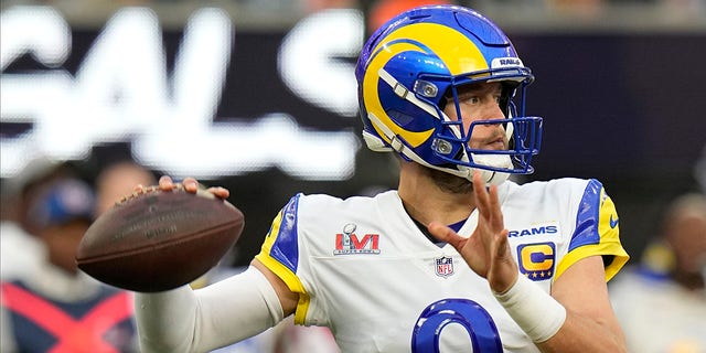 Los Angeles Rams quarterback Matthew Stafford (9) throws against the Cincinnati Bengals during the first half of the NFL Super Bowl 56 football game Sunday, Feb. 13, 2022, in Inglewood, Calif.