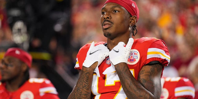 Mecole Hardman #17 of the Kansas City Chiefs stands for the national anthem against the Tennessee Titans at GEHA Field at Arrowhead Stadium on November 6, 2022 in Kansas City, Missouri.