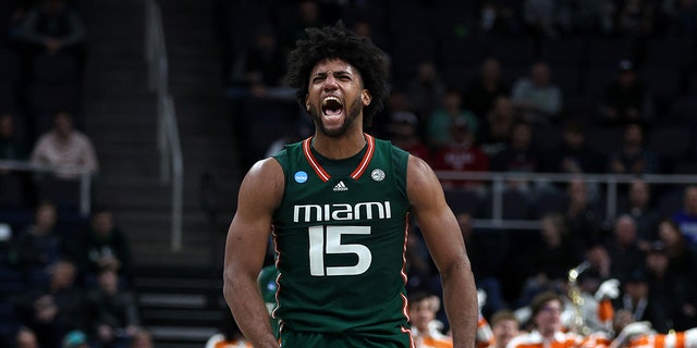 Norchad Omier #15 of the Miami Hurricanes reacts late in the second half against the Indiana Hoosiers during the second round of the NCAA Men's Basketball Tournament at MVP Arena on March 19, 2023, in Albany, New York.