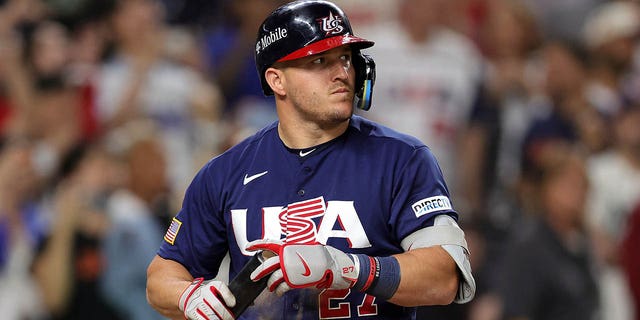 Mike Trout, #27 of Team USA, prepares to bat against Shohei Ohtani, #16 of Team Japan, in the ninth inning of the World Baseball Classic Championship at loanDepot park on March 21, 2023 in Miami.