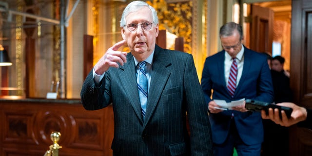 UNITED STATES - NOVEMBER 15: Senate Minority Leader Mitch McConnell, R-Ky., leaves the Republican Senate luncheon before telling reporters he had the votes to remain leader on Tuesday, November 15, 2022. Sen. Rick Scott, R-Fla., is challenging him for the post. 