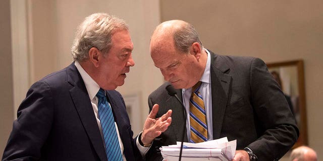 Defense attorneys Dick Harpootlian, left, and Jim Griffin talk during the Alex Murdaugh trial at the Colleton County Courthouse in Walterboro, S.C., Tuesday, Feb. 28, 2023.