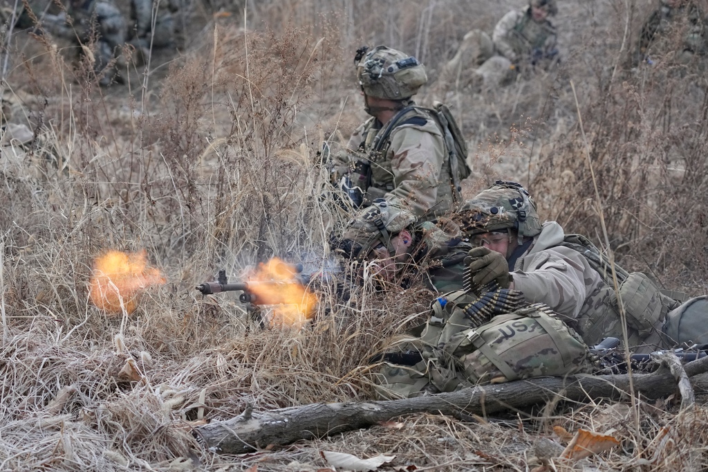 U.S. soldiers participate in a joint military drill between South Korea and the United States in Paju, South Korea, Thursday, March 16, 2023.