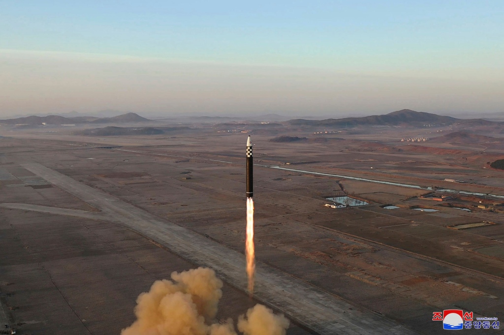 North Korean government shows what it says is an intercontinental ballistic missile in a launching drill at the Sunan international airport in Pyongyang, North Korea, Thursday, March 16, 2023.