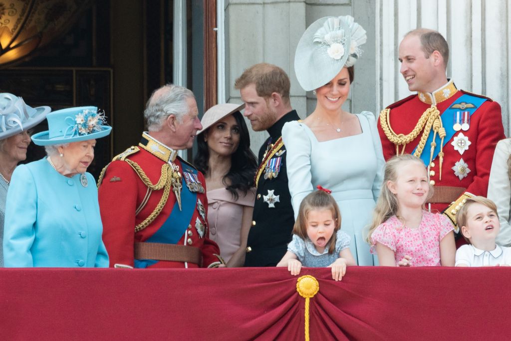 Camilla Duchess of Cornwall, Queen Elizabeth II, Prince Charles, Meghan Duchess of Sussex, Prince Harry, Catherine Duchess of Cambridge, Prince William, Princess Charlotte, Prince George on the balcony at Buckingham Palace
Trooping the Colour ceremony, London, UK - 09 Jun 2018