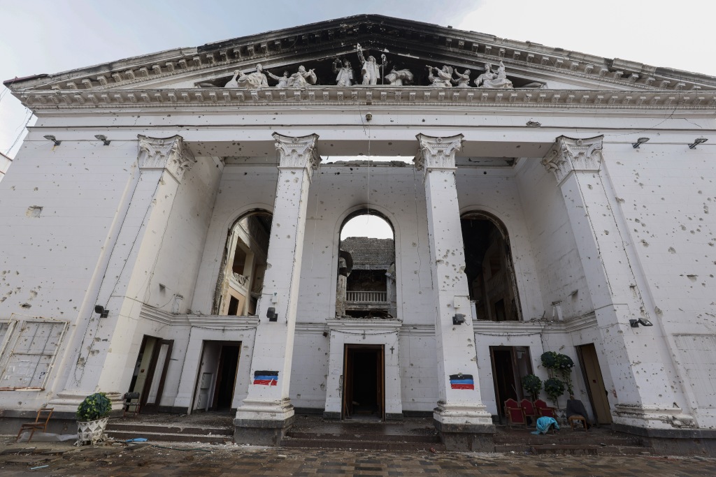 Exterior view of the destroyed Drama Theatre in Mariupol, Ukraine, in December 2022. 