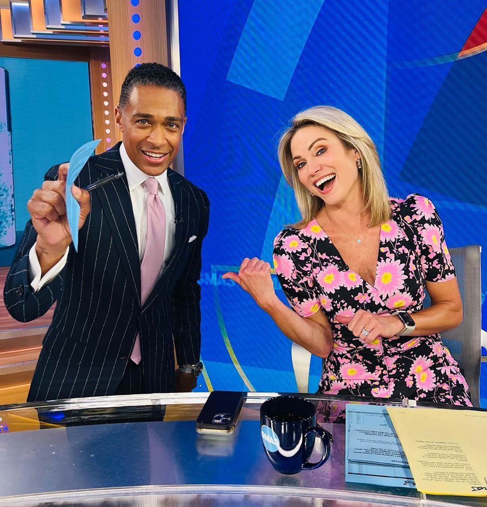 Amy Robach and TJ Holmes on the set of GMA3