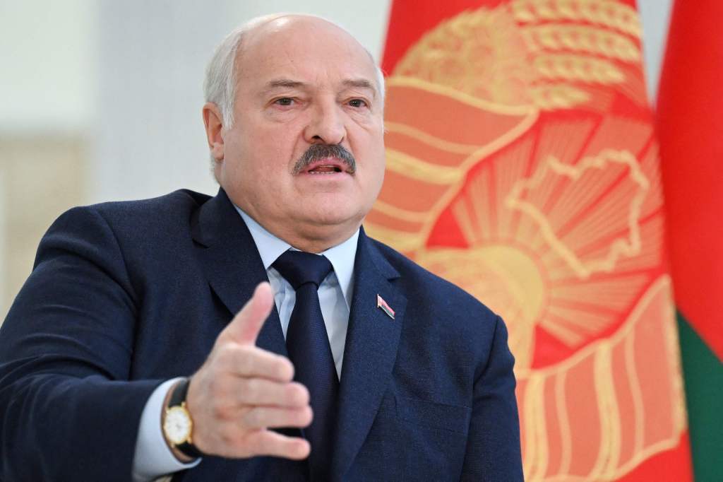 Belarus' President Alexander Lukashenko speaks as he meets with foreign media at his residence, the Independence Palace, in the capital Minsk on February 16, 2023.