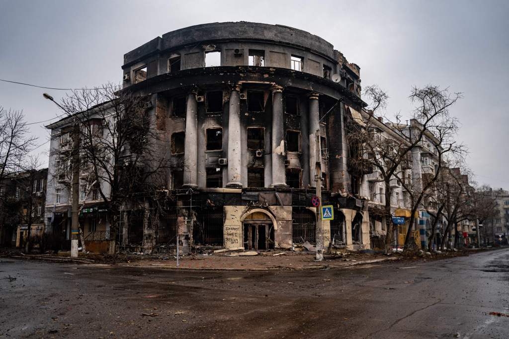 This photograph taken on February 27, 2023, shows a damaged and burnt building as the sounds of shelling continue in Bakhmut, amid the Russian invasion of Ukraine. 