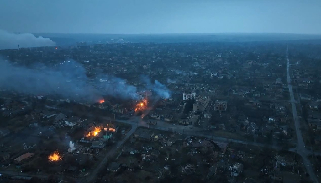 This video grab taken from a video released by the 93rd Separate Mechanized Brigade "Kholodnyi Yar" shows an aerial view of fightings and destructions in the city of Bakhmut on February 26, 2023.