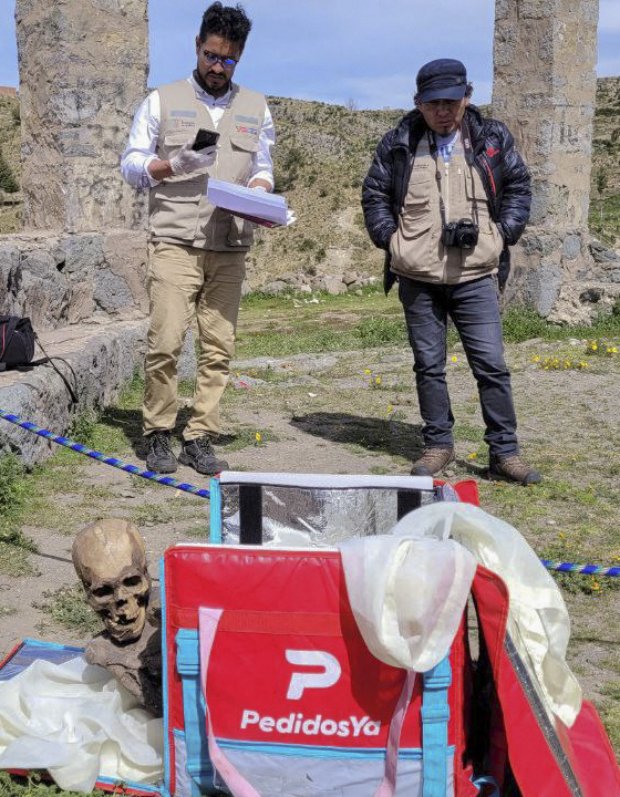 An ancient mummy is seen in a cooler box in Puno, Peru.