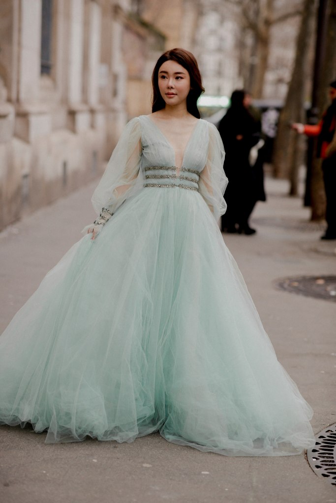 Abby Choi outside the Elie Saab Spring Summer 2023 Haute Couture show at Carreau du Temple in Paris on Jan. 25.