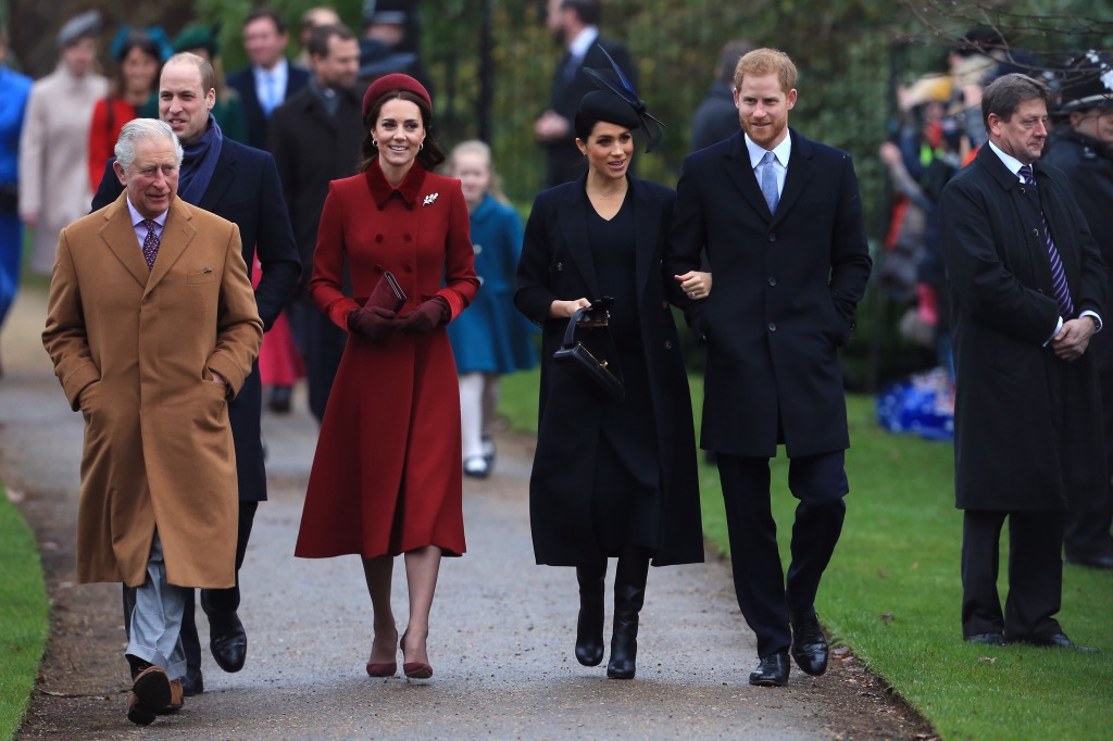 King Charles, Prince William, Prince Harry, Kate Middleton and Meghan Markle arrive for Christmas Day service at the Church of St Mary Magdalene on the Sandringham estate in 2018. 