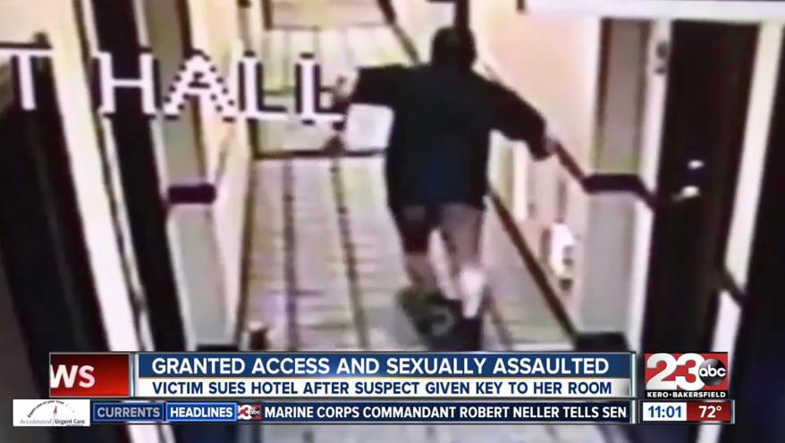 Hotel staff failed to check the assailant's ID when he requested a key to her room.