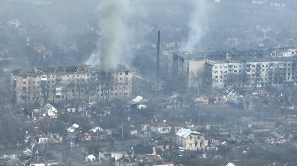 This file video grab taken from a shooting by AFPTV shows an aerial view of destructions during fighting in the city of Bakhmut on February 27, 2023.