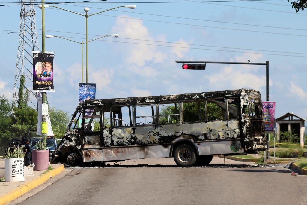 A burned-out bus in Mexico