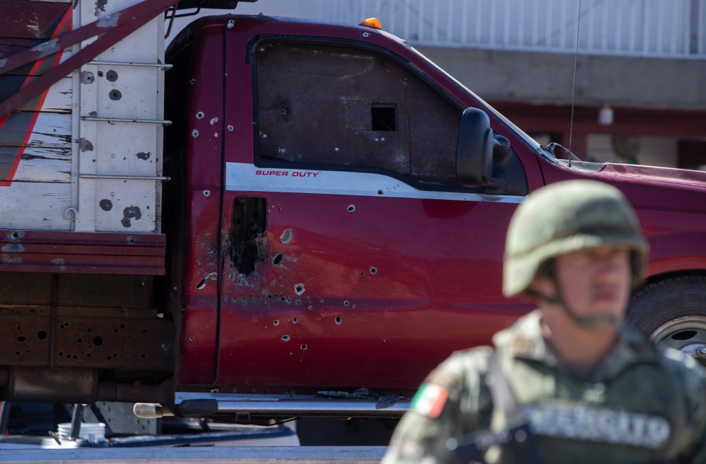 A bullet-riddled truck in Mexico