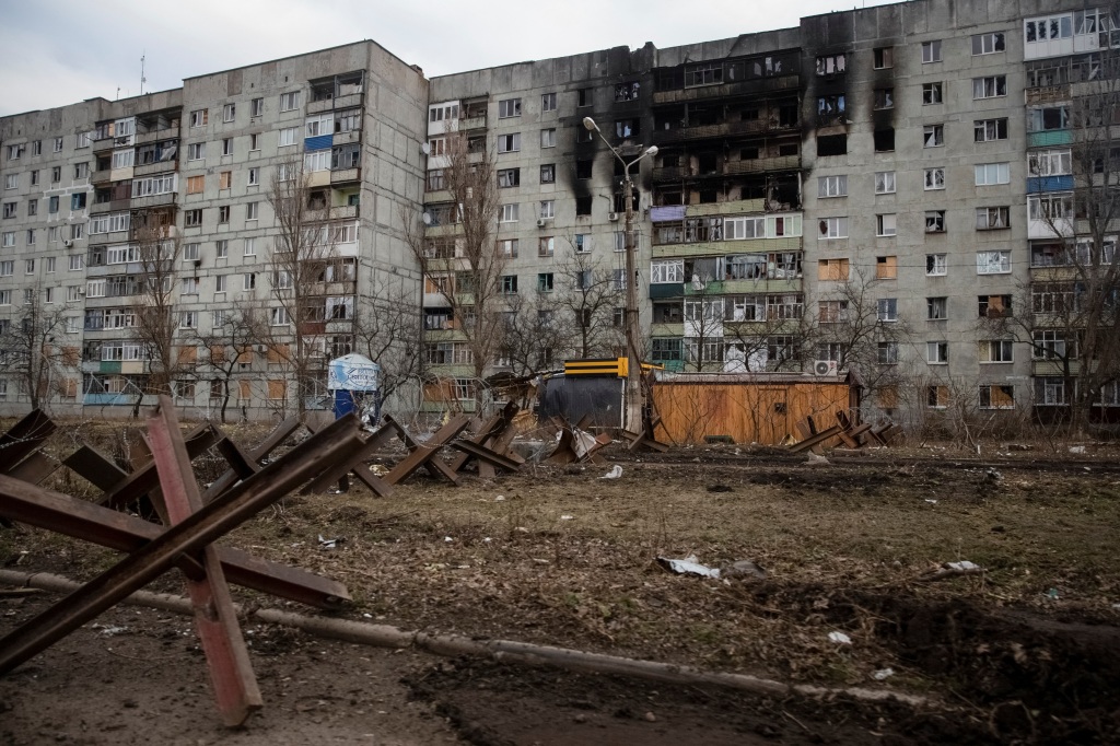 A general view shows an empty street and buildings damaged by a Russian military strike, as Russia's attack on Ukraine continues, in the front line city of Bakhmut, Ukraine March 3, 2023.