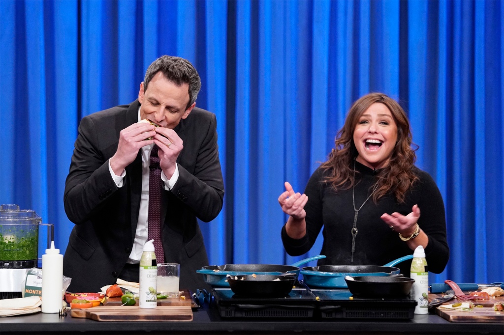 Rachael Ray joins Seth Meyers for a cooking segment on April 2, 2019.