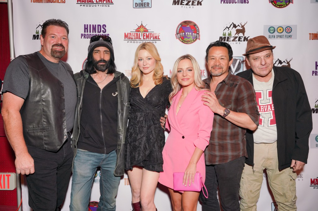 B.J Mezek, Richard Grieco, Jessica Morris, Angela Cole, Michael Su and Tom Sizemore attend the world premiere red carpet for "Night of the Tommyknockers" at  the Fine Arts Theatre on November 19, 2022 in Beverly Hills, California.