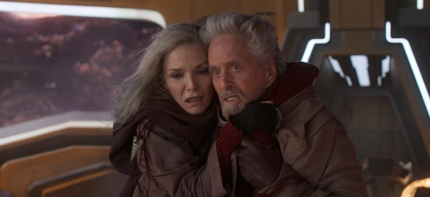 Michelle Pfieffer, left, and Michael Douglas in a scene from "Ant-Man and the Wasp: Quantumania."