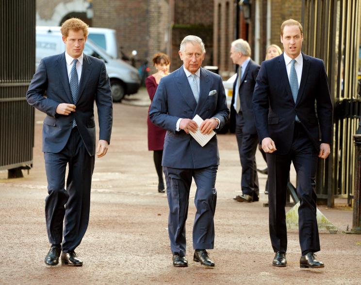 (L-R) Prince Harry, Prince Charles, Prince of Wales and Prince William, Duke of Cambridge arrive at the Illegal Wildlife Trade Conference at Lancaster House on February 13, 2014 in London, England.