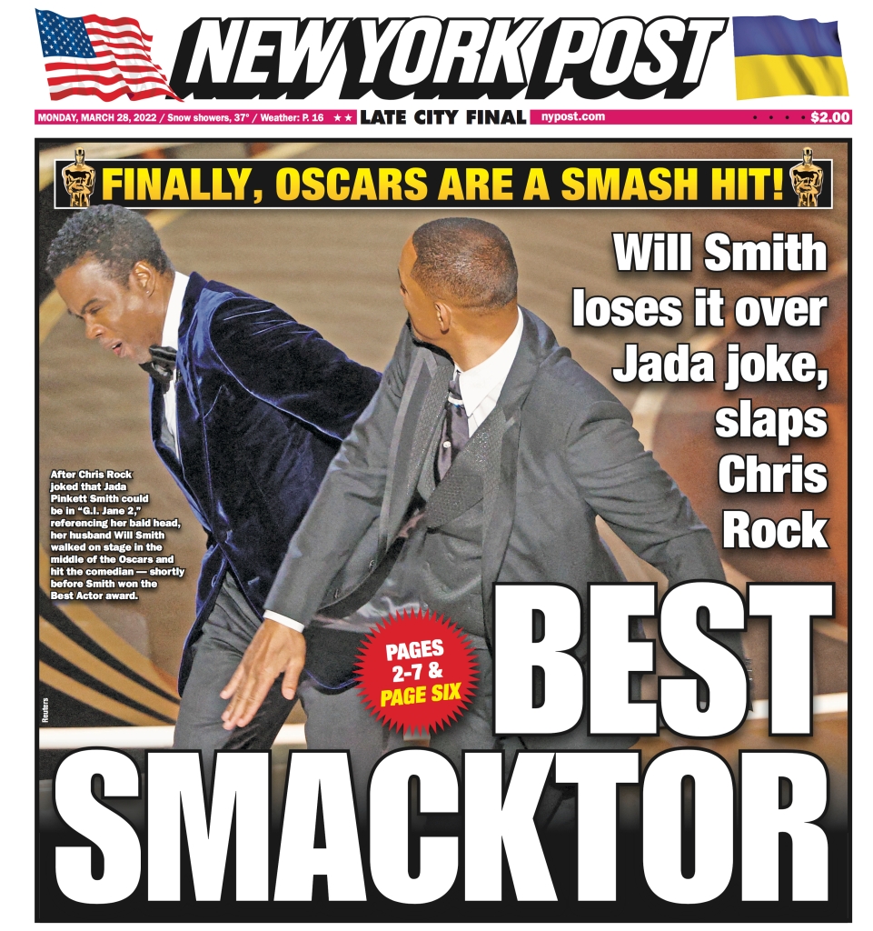 The Post's front-page coverage of Will Smith slapping Chris Rock.