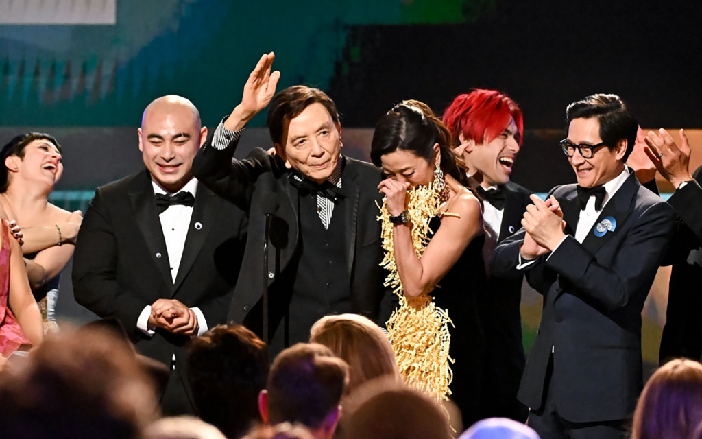 Brian Le, James Hong, Andy Le, Michelle Yeoh and Ke Huy Quan accept the Outstanding Performance by a Cast in a Motion Picture award for "Everything Everywhere All at Once" at the 29th Annual Screen Actors Guild Awards held at the Fairmont Century Plaza on February 26, 2023 in Los Angeles, California.