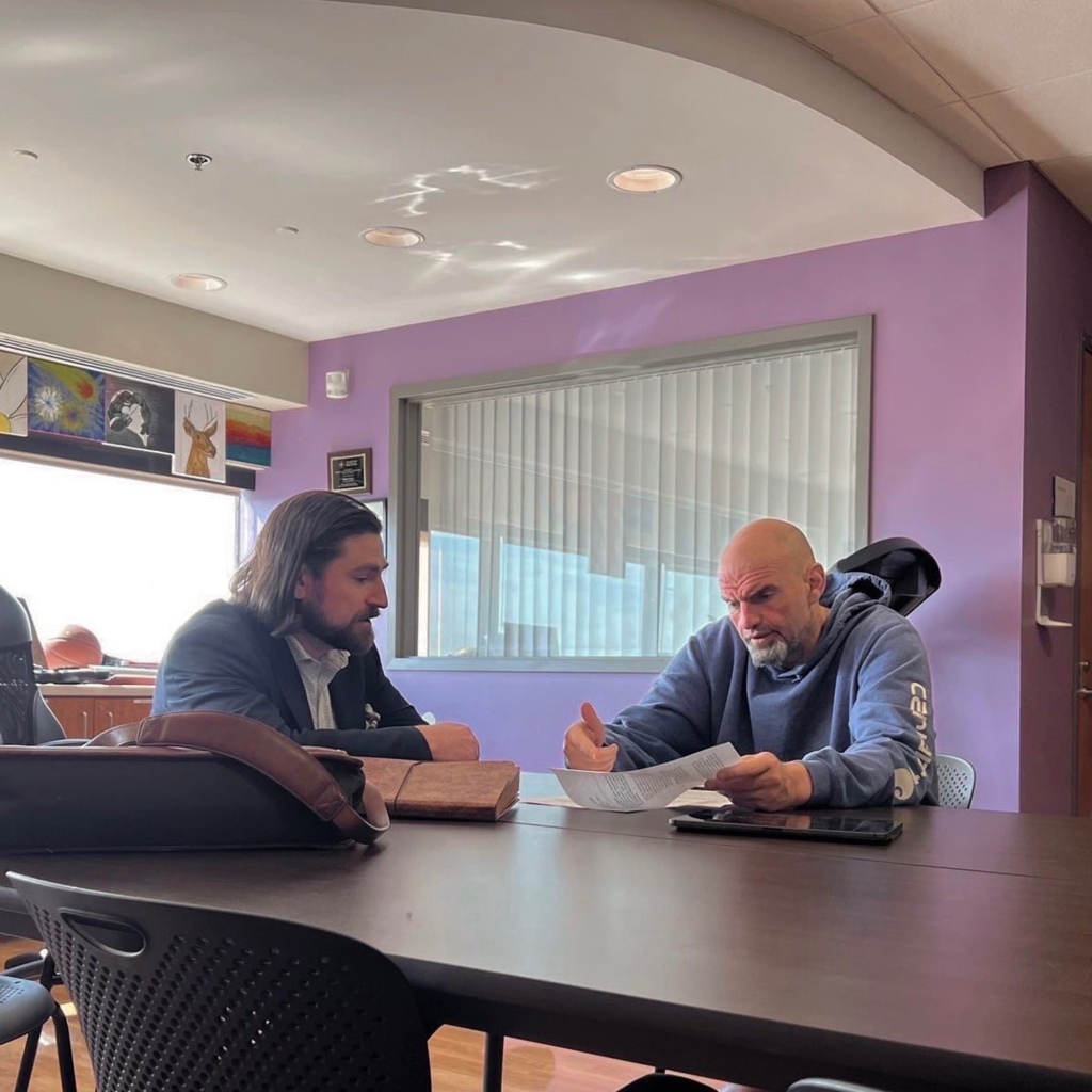 Sen. John Fetterman with chief of staff Adam Jentleson at Water Reed hospital March 6, 2023.