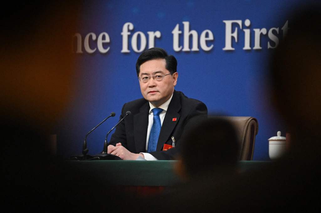 China's Foreign Minister Qin Gang attends a press conference at the Media Center of the National People's Congress (NPC) in Beijing on March 7, 2023. 