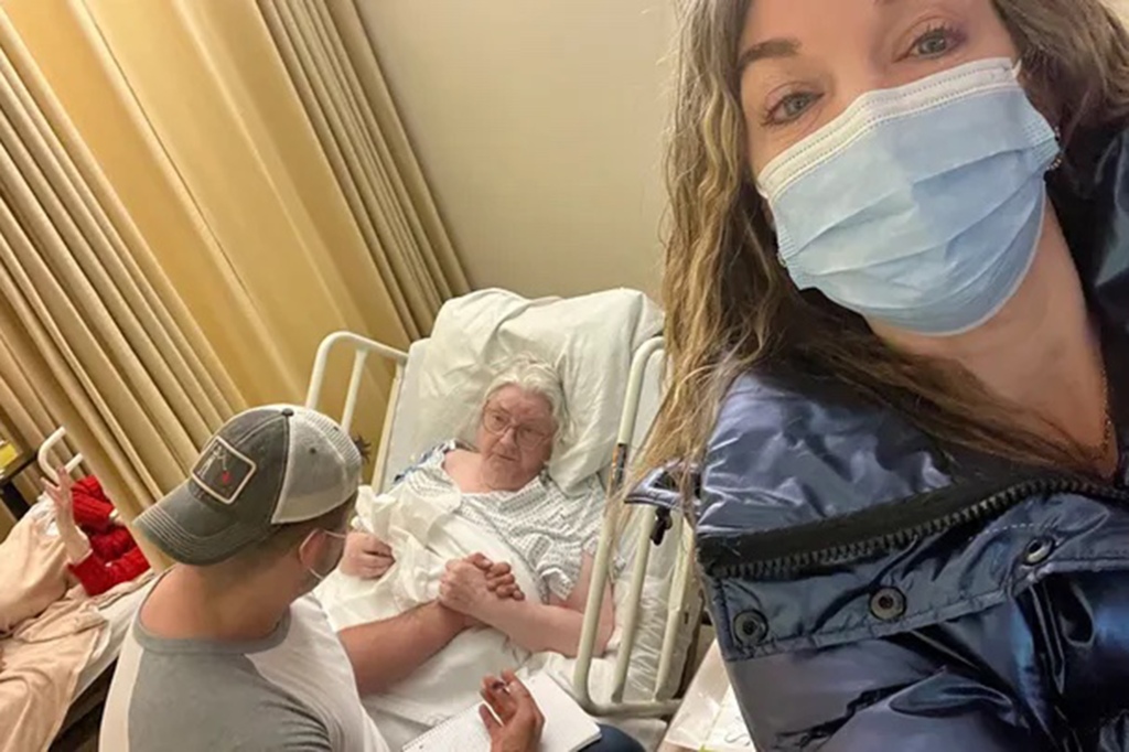 Alice Schuman lies in a hospital bed as Brock Cvijanovich holds her hand. At right, Brock Cvijanovich's mom. The two became Schuman's legal guardians.