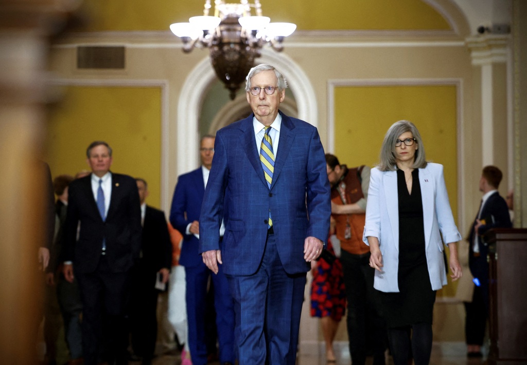 Senate Minority Leader Mitch McConnell (R-KY) walks to the weekly Republican press conference at the U.S. Capitol in Washington, U.S., March 7, 2023.