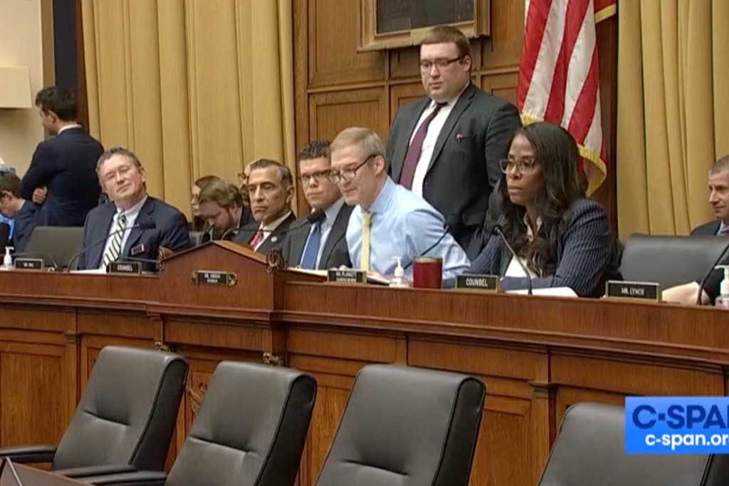 Rep. Jim Jordan (blue shirt) chairs a hearing of the House Select Subcommittee on the Weaponization of the Federal Government on March 9, 2023.