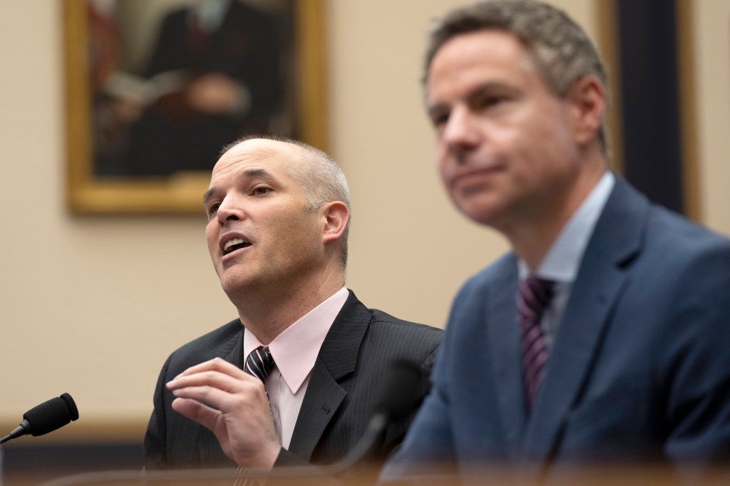 Matt Taibbi  (left) and Michael Shellenberger appear before the House Select Subcommittee on the Weaponization of the Federal Government on March 9, 2023.